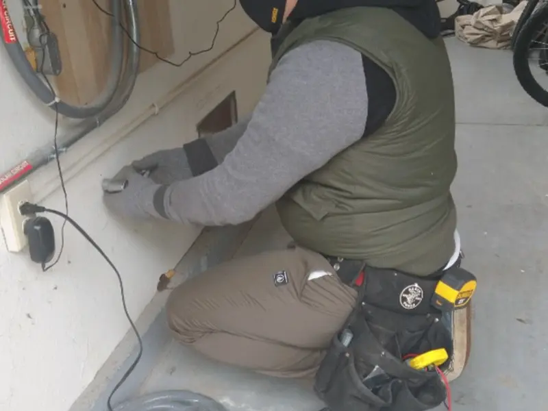 Electrician performing outlet wiring in a Mandan garage